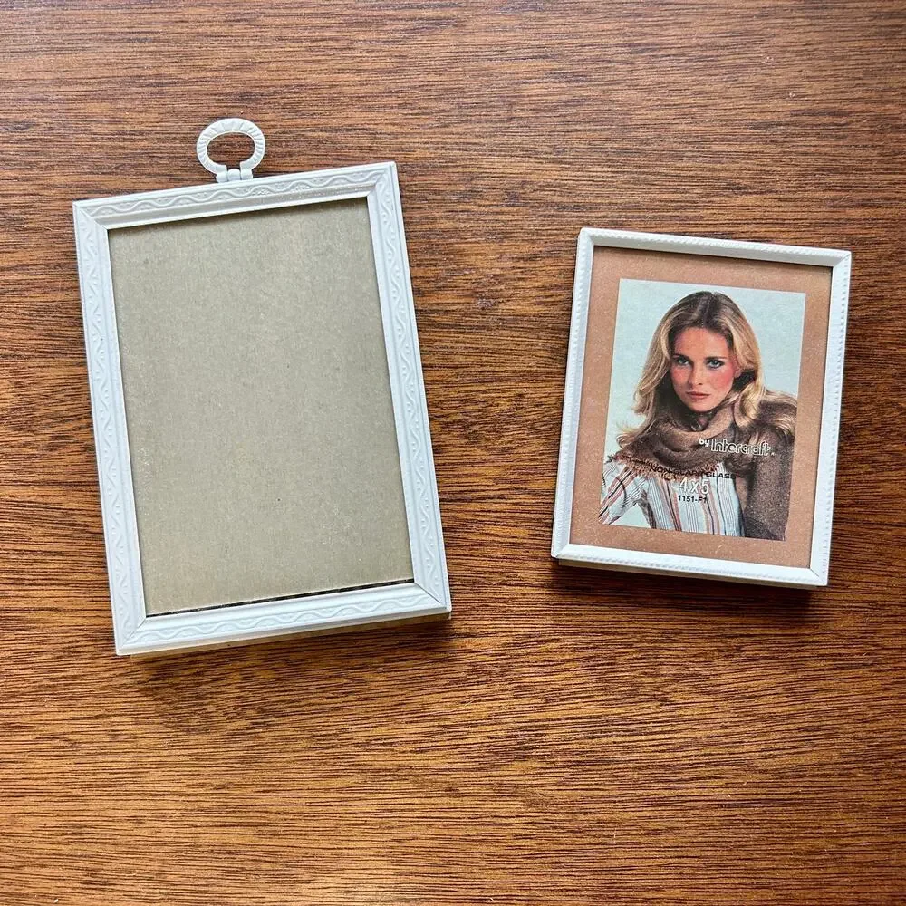 Vintage Photo Frames Metal Painted White Glass Standing